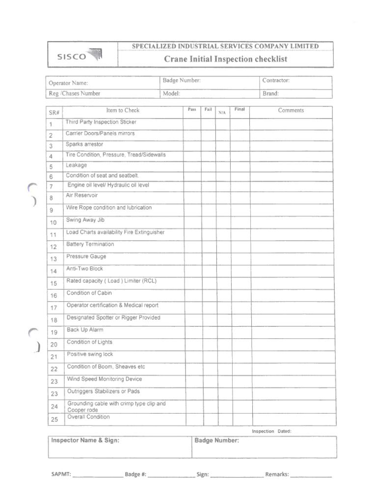 Crane Initial Inspection Checklist | PDF