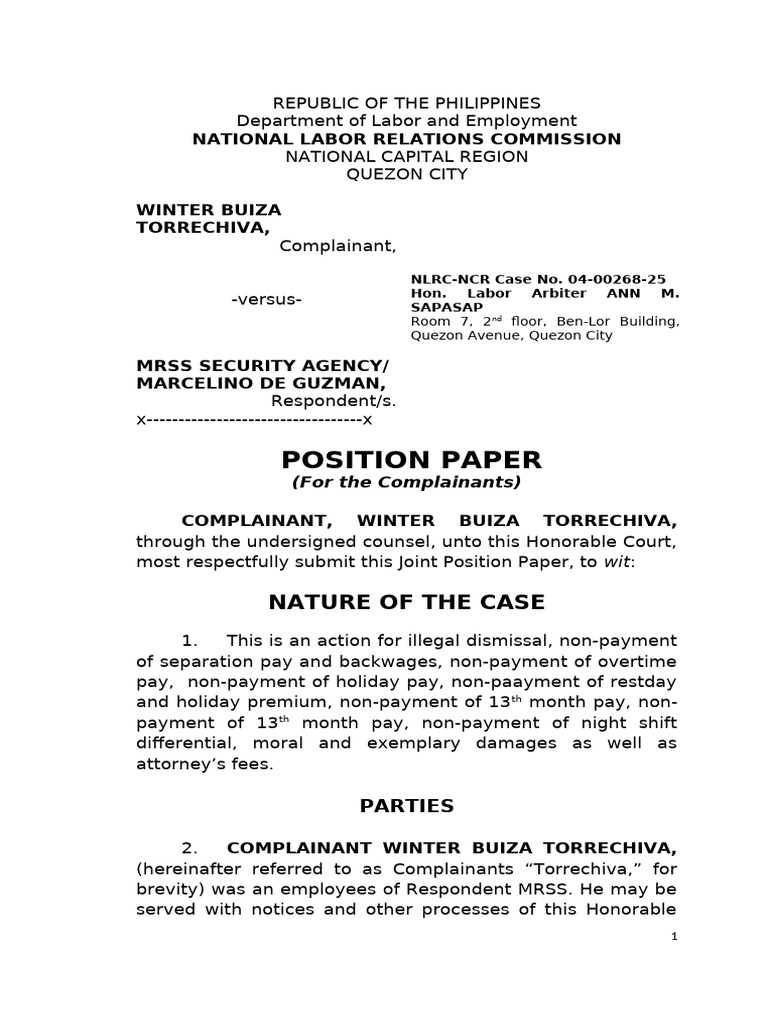 POSITION PAPER. MRSS Winter Torrechiva | PDF | Damages | Employment