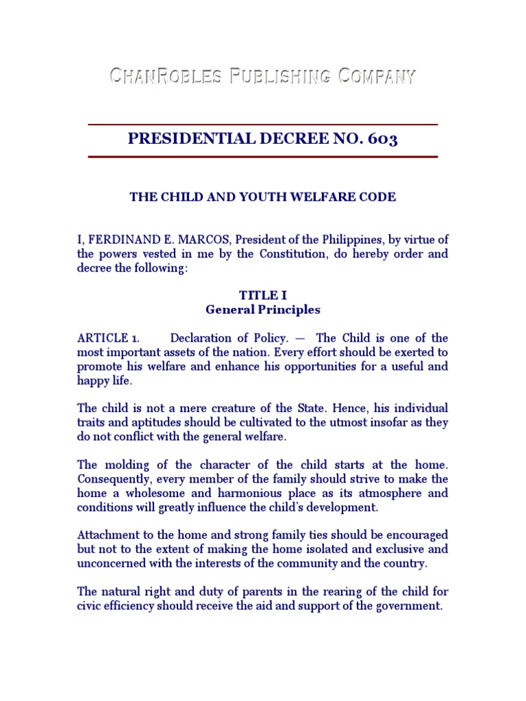 PD 603: Child and Youth Welfare Code | PDF | Legal Guardian | Child Custody