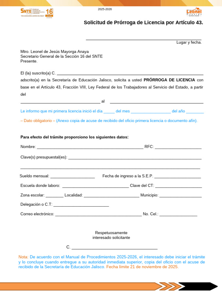 Prórroga de Licencia Artículo 43 SNTE 2025 | PDF