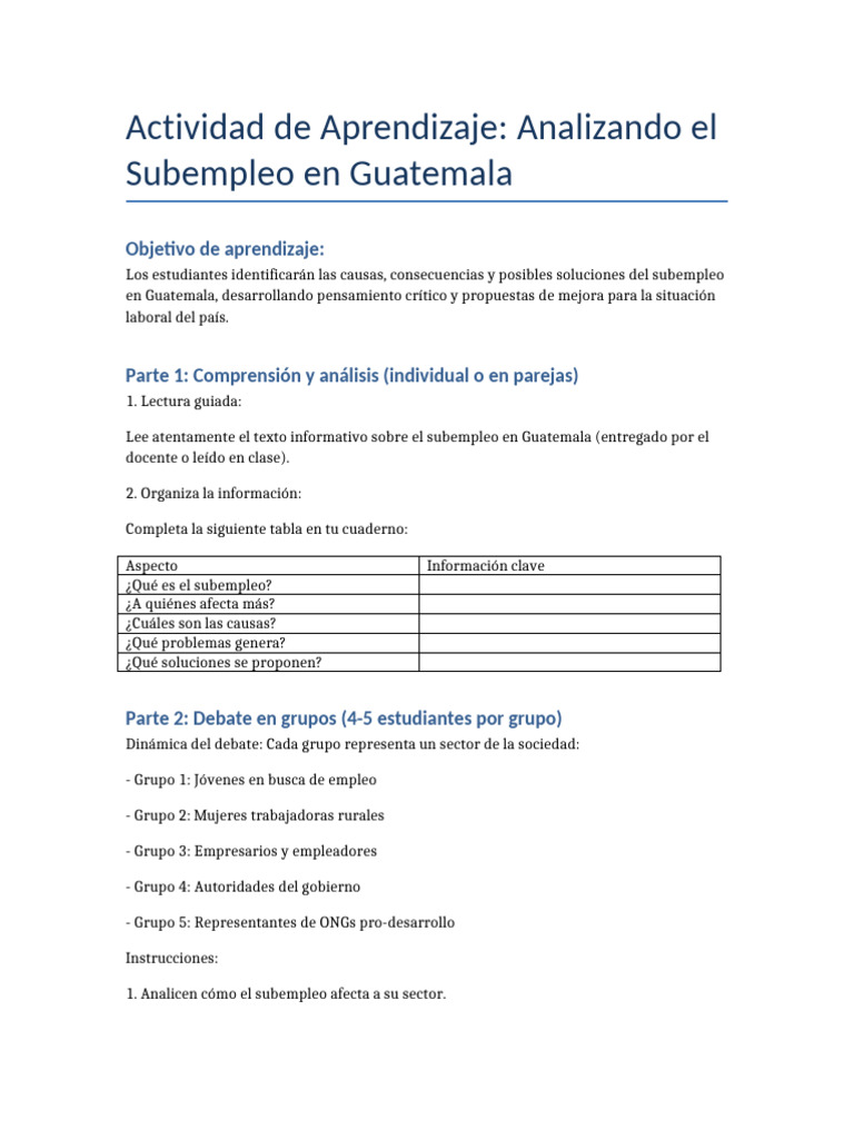 Causas y Soluciones del Subempleo en Guatemala | PDF