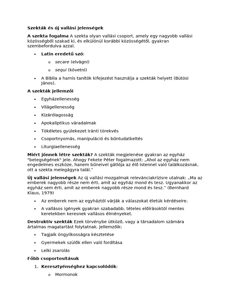Szekták És Új Vallási Jelenségek A Szekta Fogalma: Secare Sequi | PDF