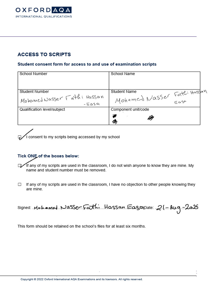 AQA Student Consent Form | PDF