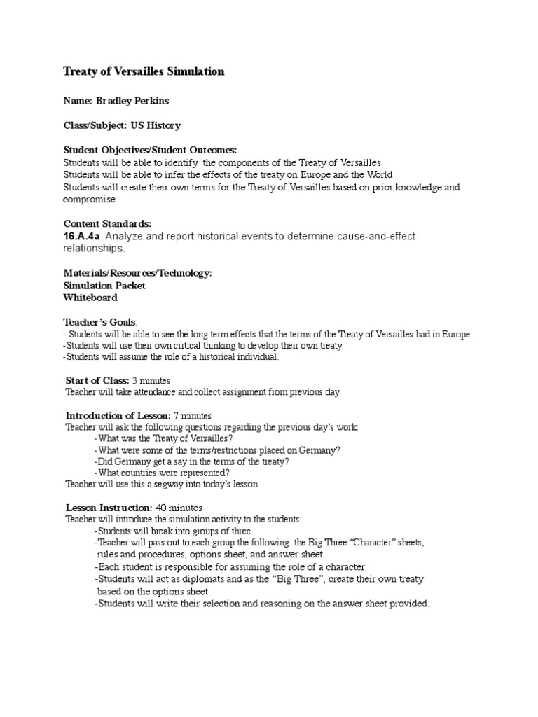 Treaty of Versailles Sim Lesson Plan | PDF | Treaty | Treaty Of Versailles