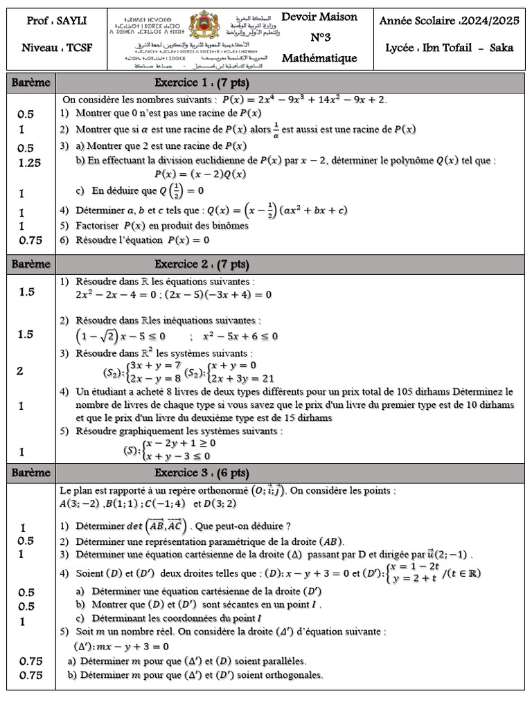 Devoir de mathématiques TCSF 2024/2025 | PDF | Coordonnées cartésiennes ...