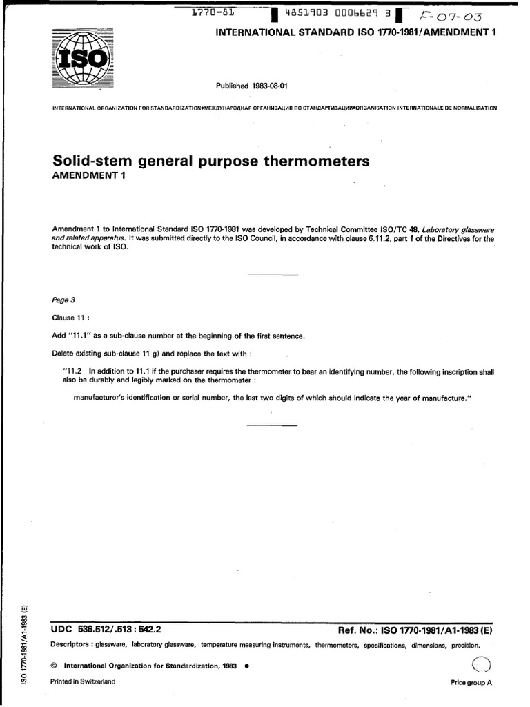 ISO 1770-1981 Amendment 1 Overview | PDF | Thermometer | Liquids