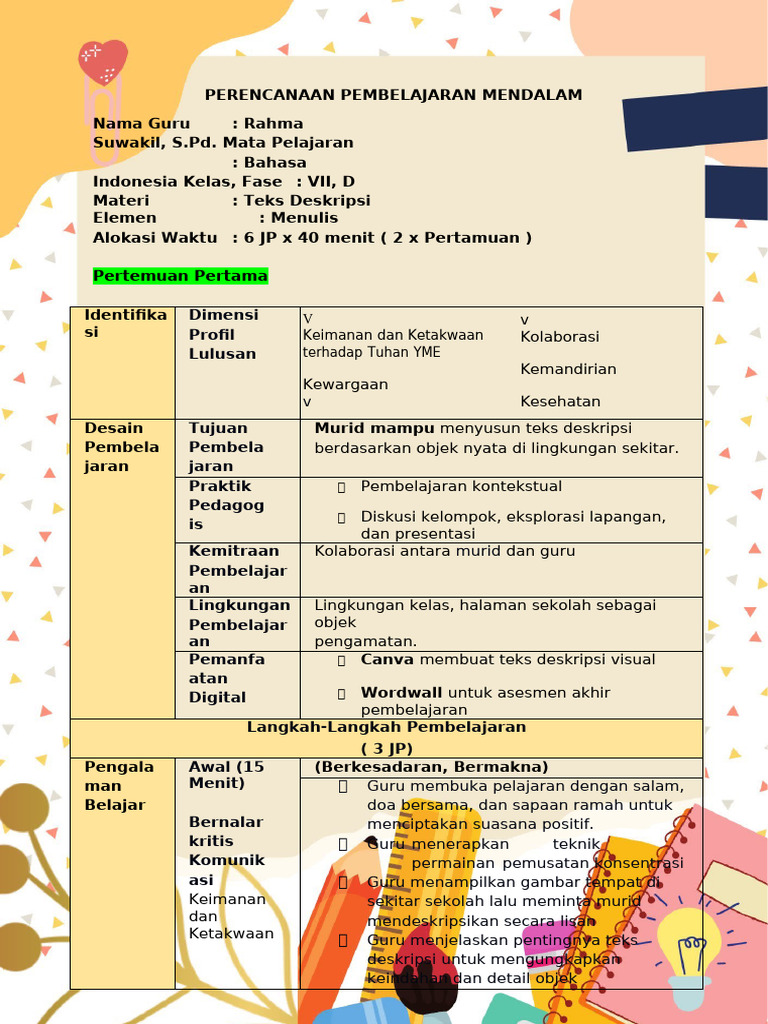 Rencana Pembelajaran Teks Deskripsi | PDF