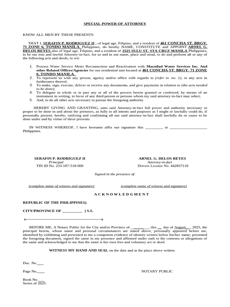 Special Power of Attorney for Water Services | PDF | Power Of Attorney ...