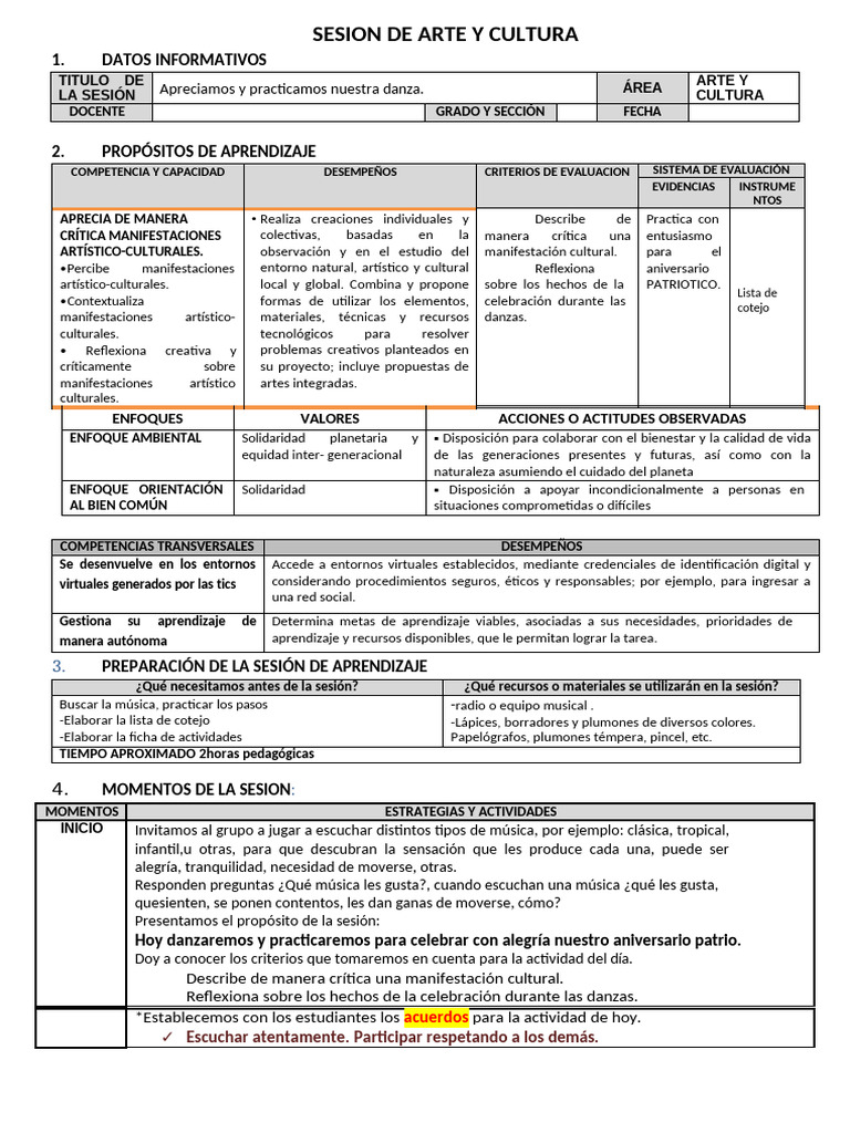 Sesion de Arte y Cultura - Cuarta Unidad-Cuarta Semana | PDF | Bailes ...