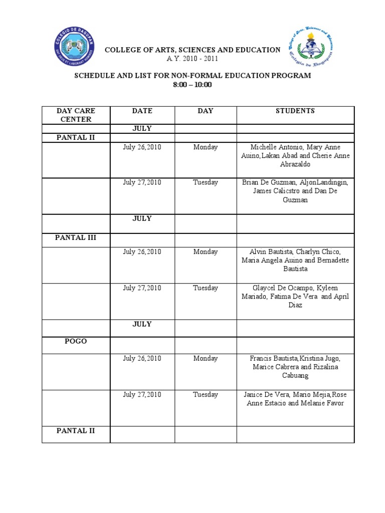 Non-Formal Education Schedule 2010-2011 | PDF