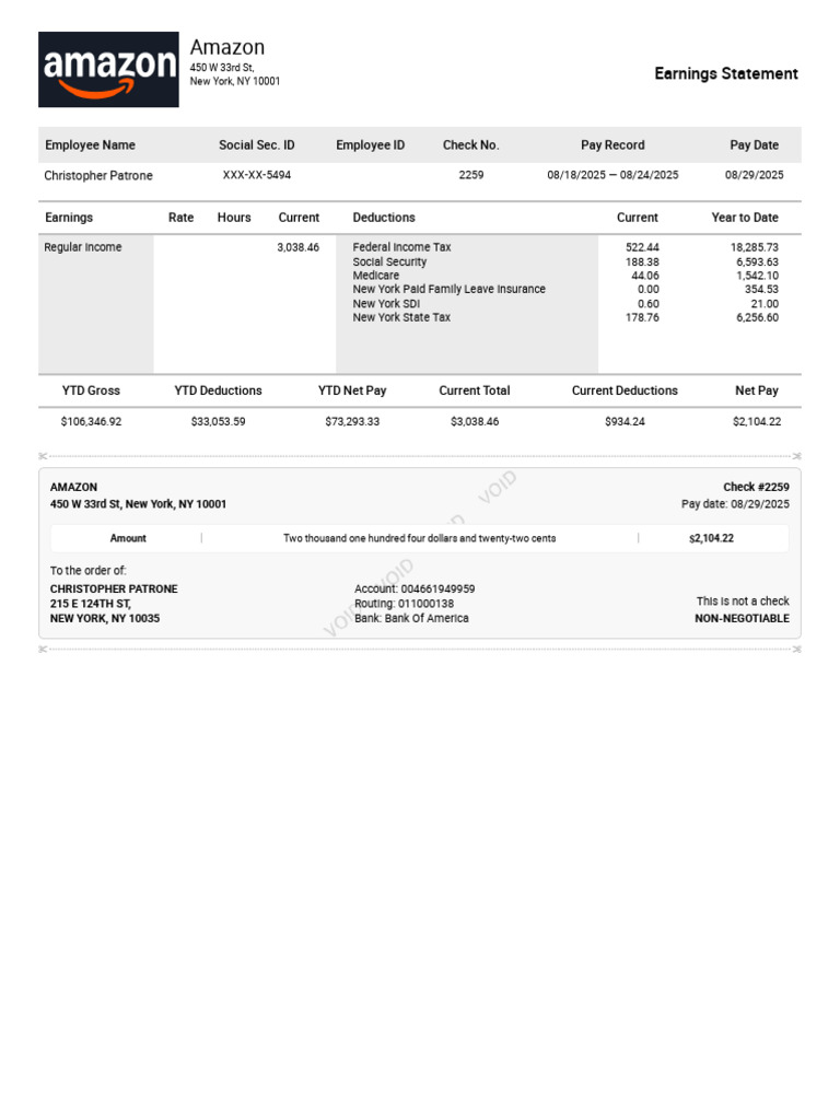 Amazon Earnings Statement for Christopher Patrone | PDF | Public ...