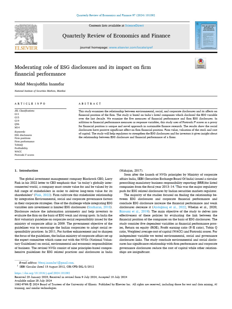 Impact of ESG Disclosures on Firm Performance | PDF | Cost Of Capital ...