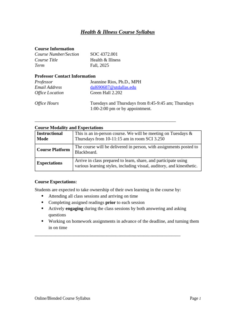 Health & Illness Course Syllabus 2025 | PDF | Educational Technology