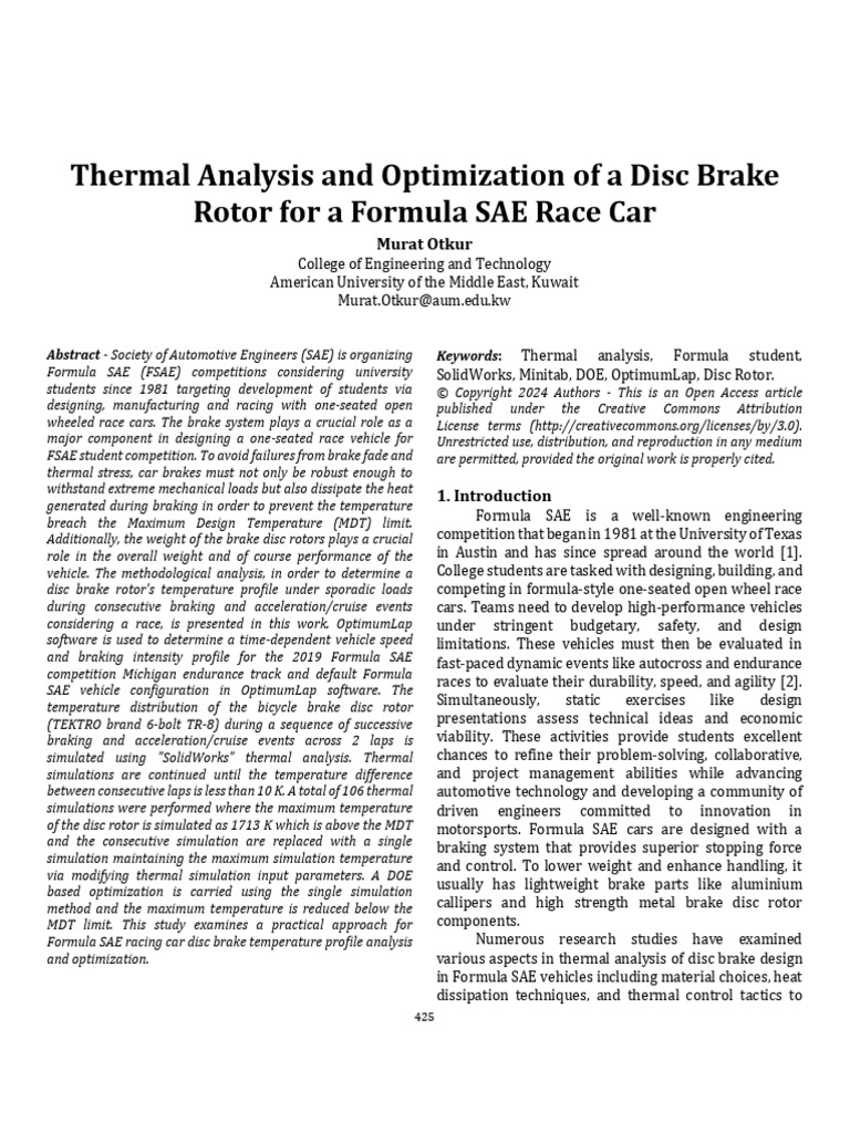 Thermal Optimization of FSAE Brake Rotor | PDF | Brake | Mathematical ...