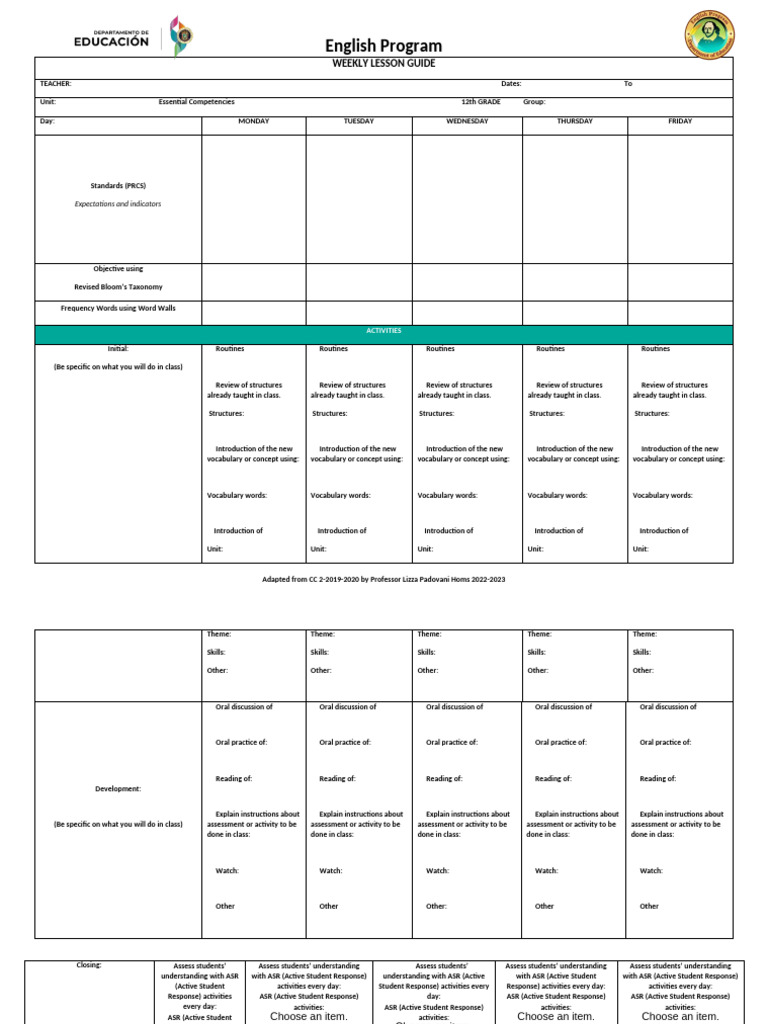 12th Grade English Weekly Lesson Plan | PDF | Communication | Vocabulary