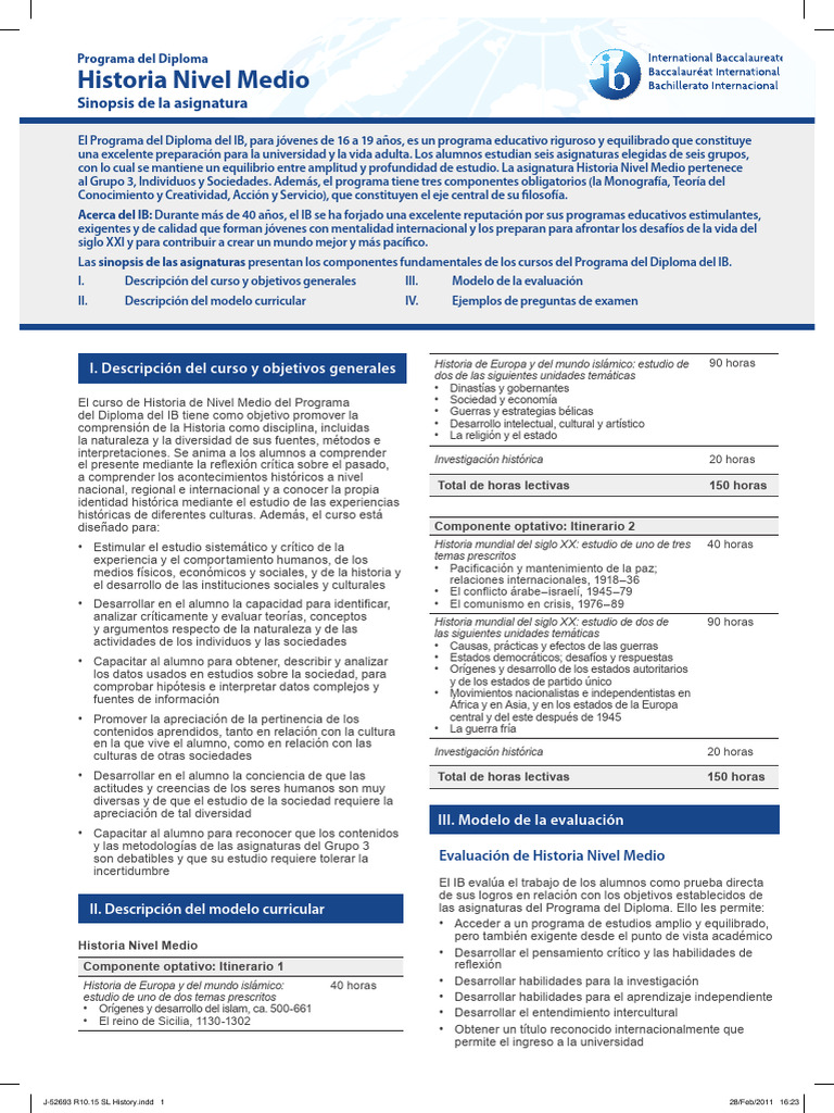 Historia Nivel Medio del IB: Programa y Evaluación | PDF | Sociedad ...