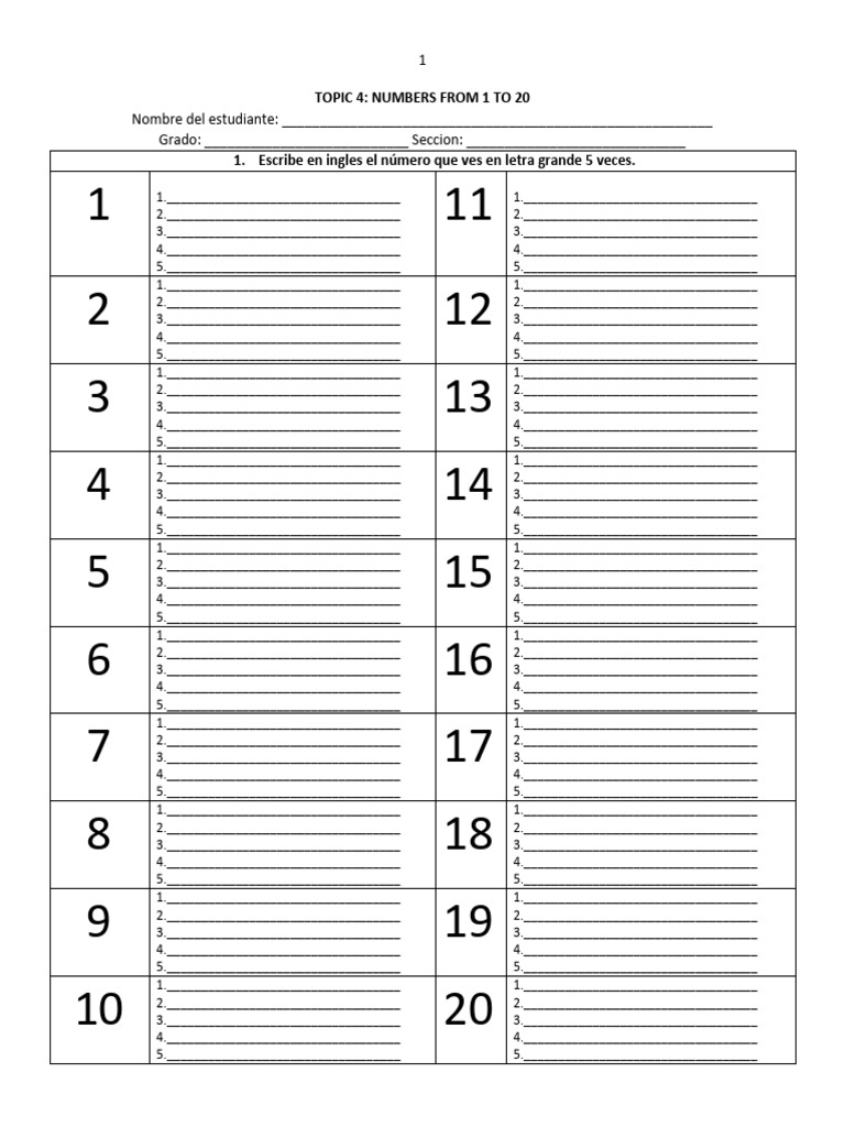 Escritura de números del 1 al 20 | PDF | Ajedrez