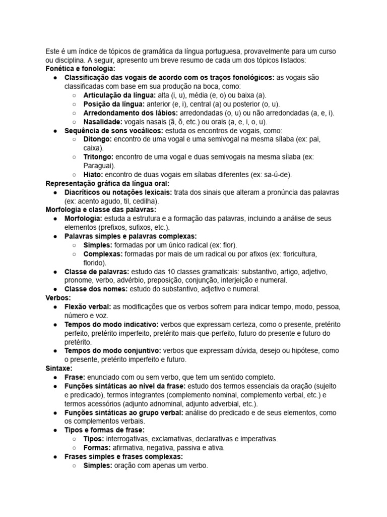 Índice de Gramática da Língua Portuguesa | PDF | Vogal | Pronome