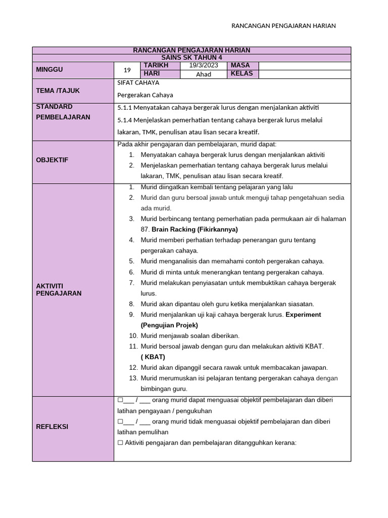 Rph Ringkas Minggu 19 Sains Sk Thn 4 Blm Edit | PDF