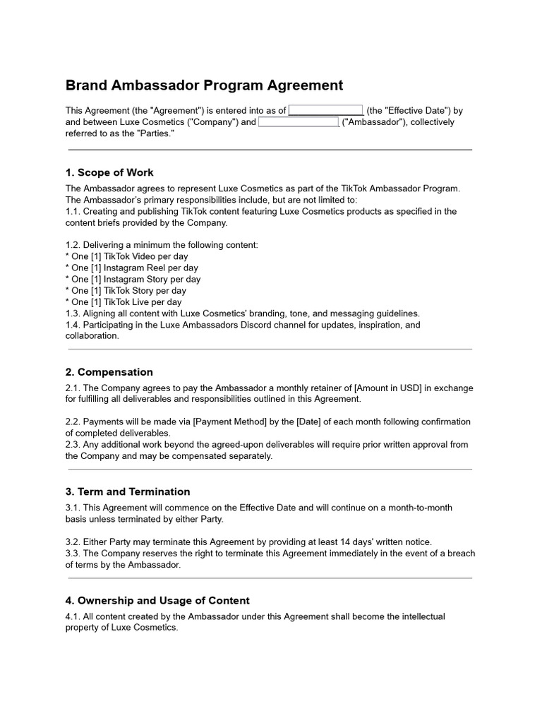 Luxe Cosmetics Ambassador Agreement | PDF | Indemnity