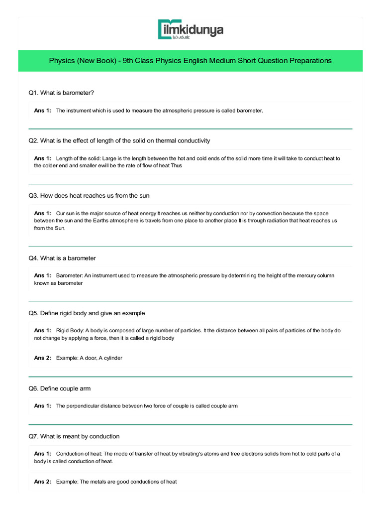 9th Class Physics Short Questions Guide | PDF | Heat | Thermal Conduction