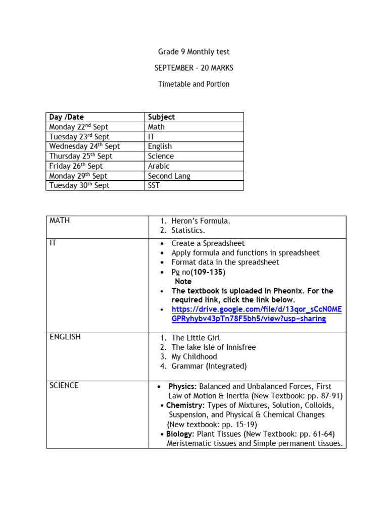 Grade 9 September Test Timetable | PDF | English Language | Arabic