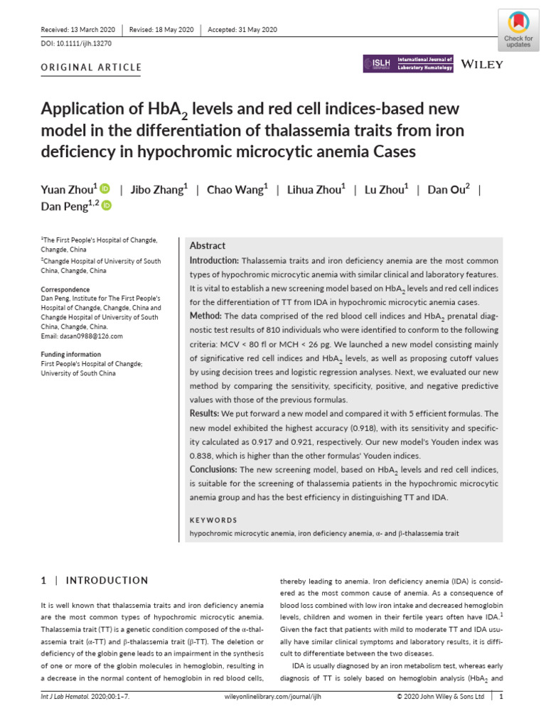 Application of HbA 2 Levels and Red Cell Indices | PDF | Clinical ...