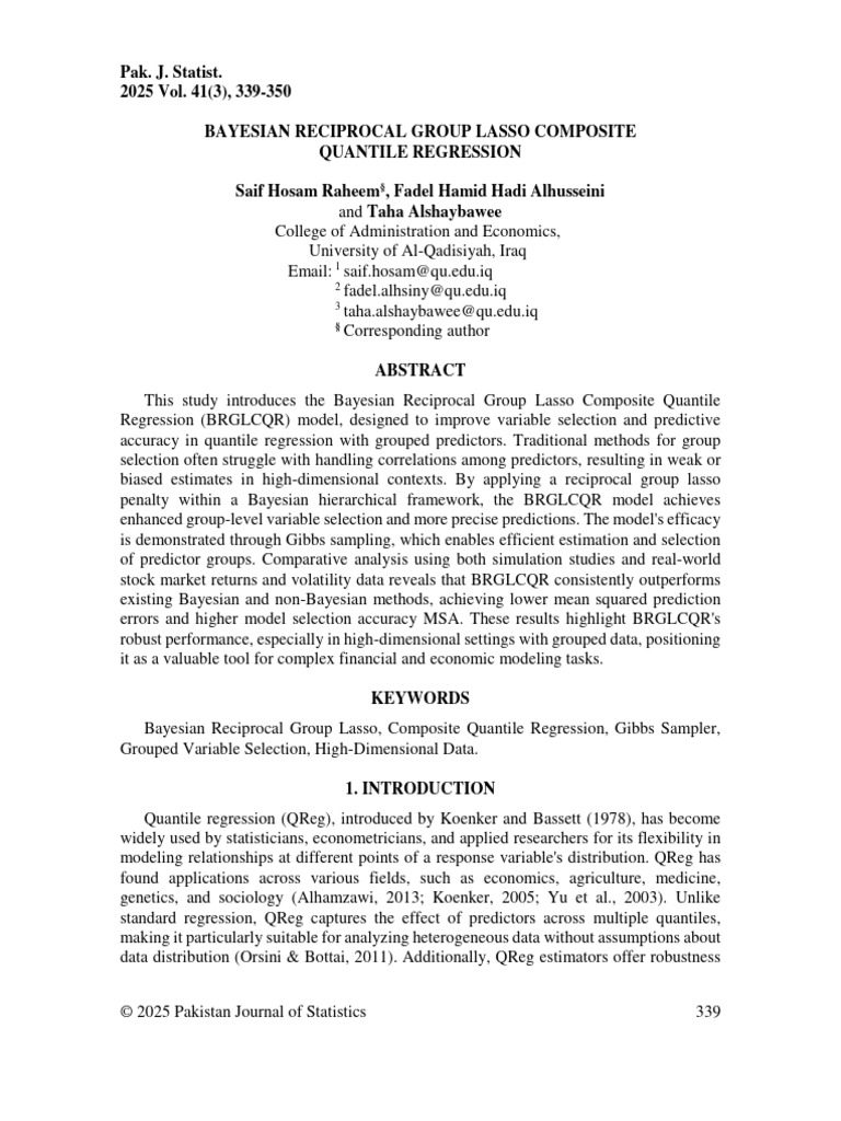 Bayesian Group Lasso for Quantile Regression | PDF | Regression ...