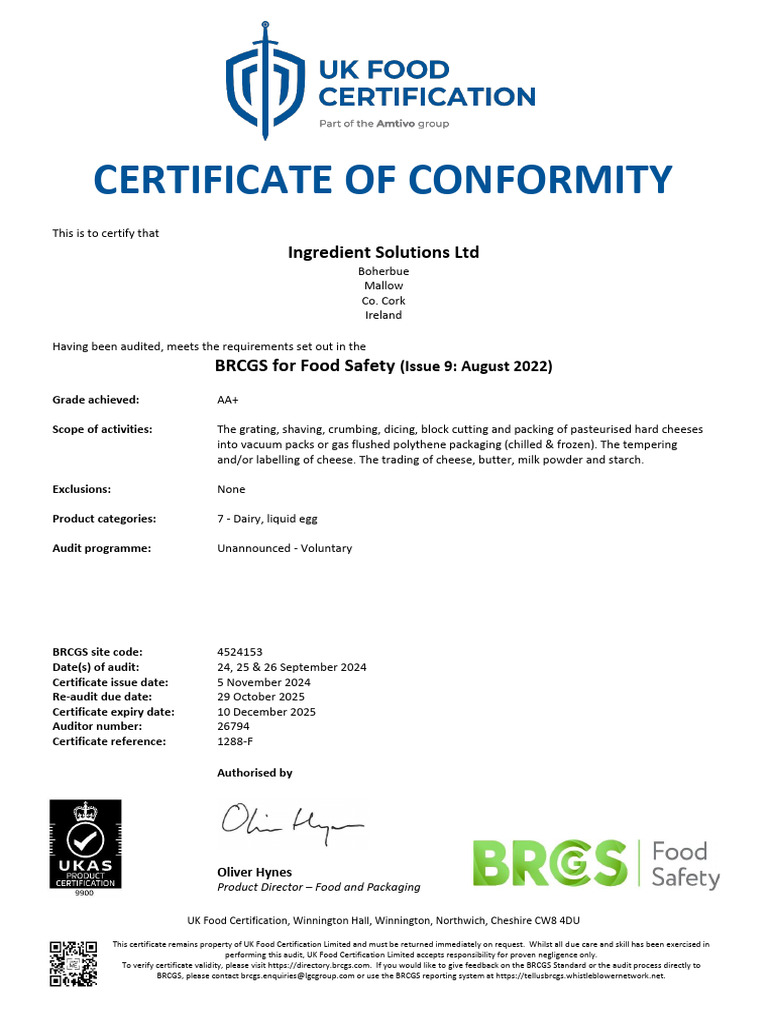 BRCGS Food Safety Certification AA+ | PDF | Foods | Food Industry