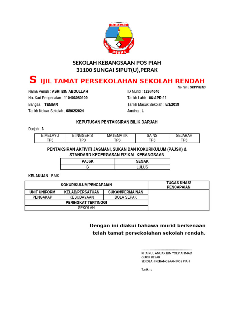 Sijil Tamat Sekolah 2024 | PDF
