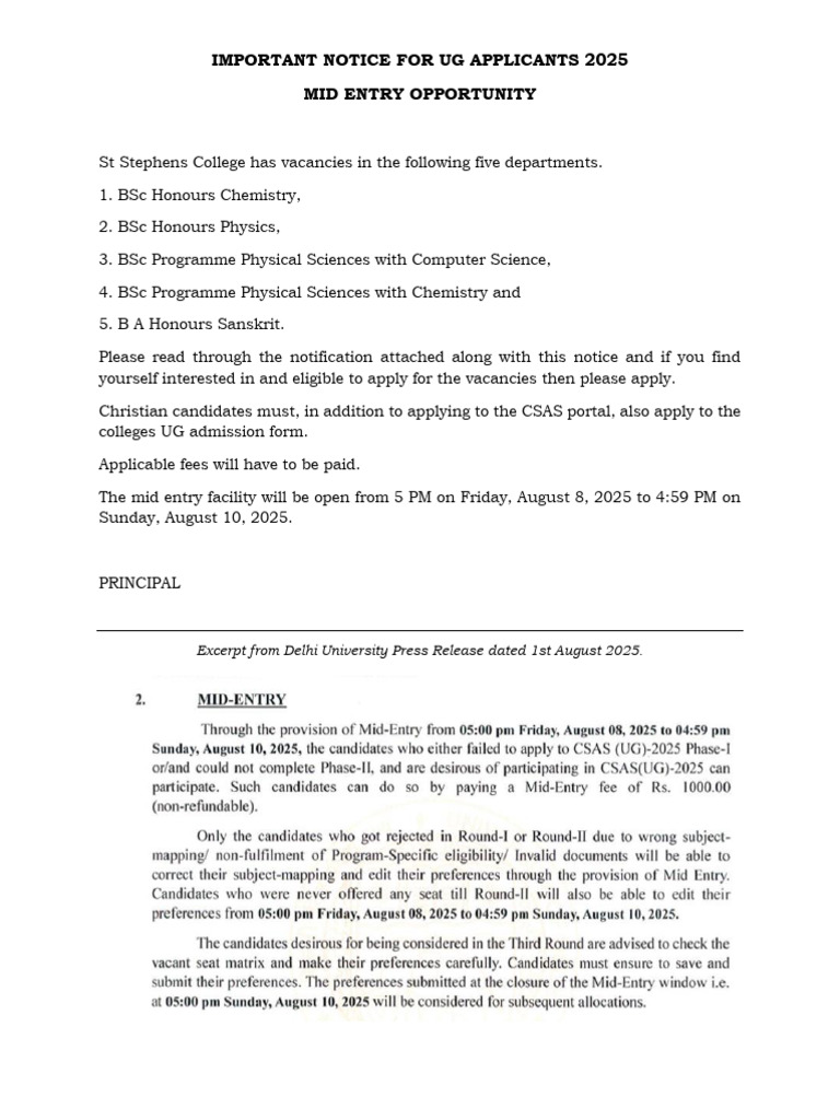 UG Admission Notice for St Stephens 2025 | PDF