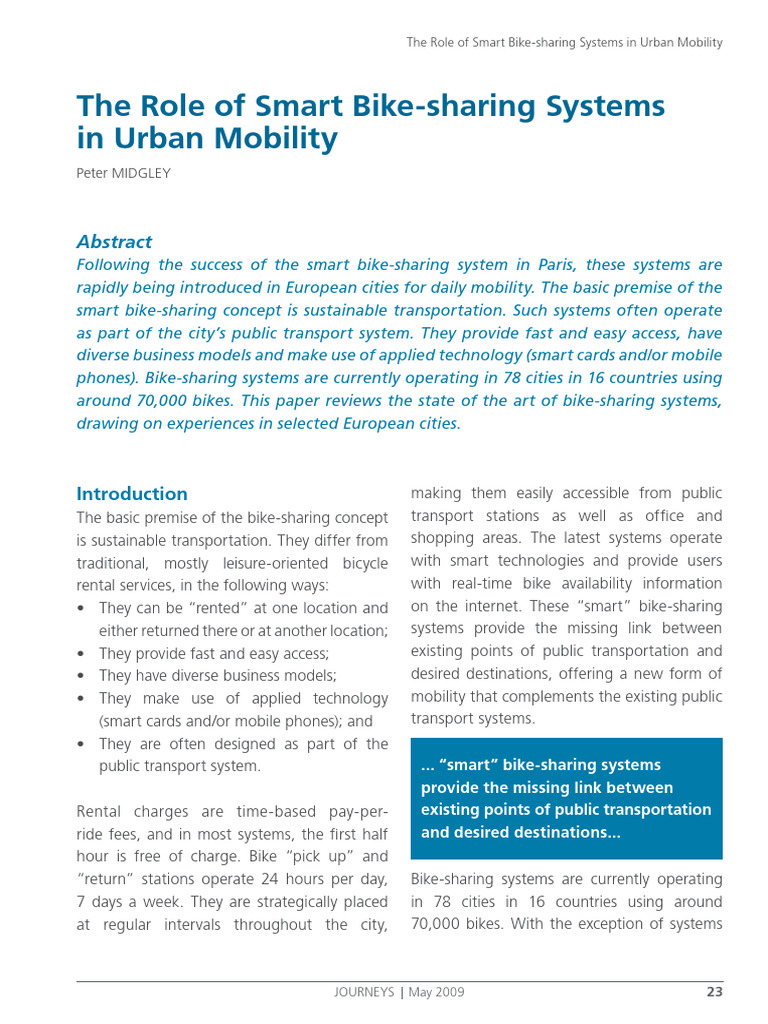 The Role of Smart Bike Sharing Systems I | PDF | Land Transport | Human ...