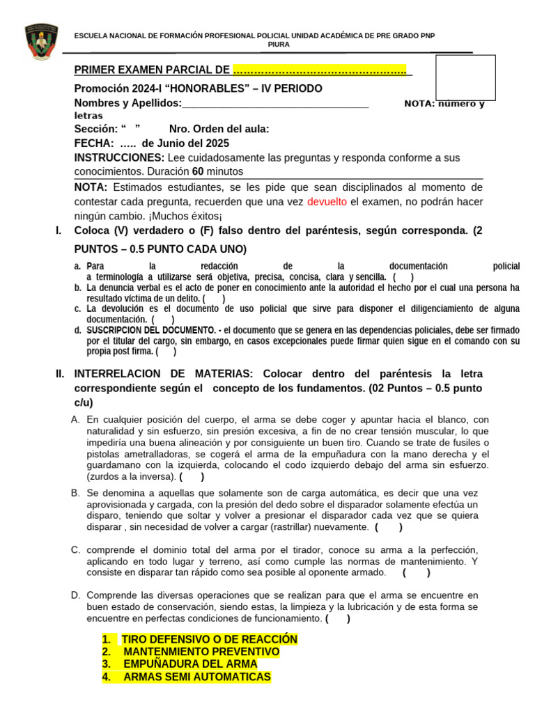 Examen Parcial PNP 2024-I: Uso de Fuerza | PDF | Policía | Armas de fuego