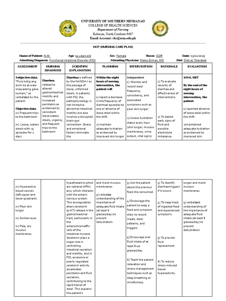 Nursing Care Plan for Diarrhea Management | PDF | Dehydration | Diarrhea