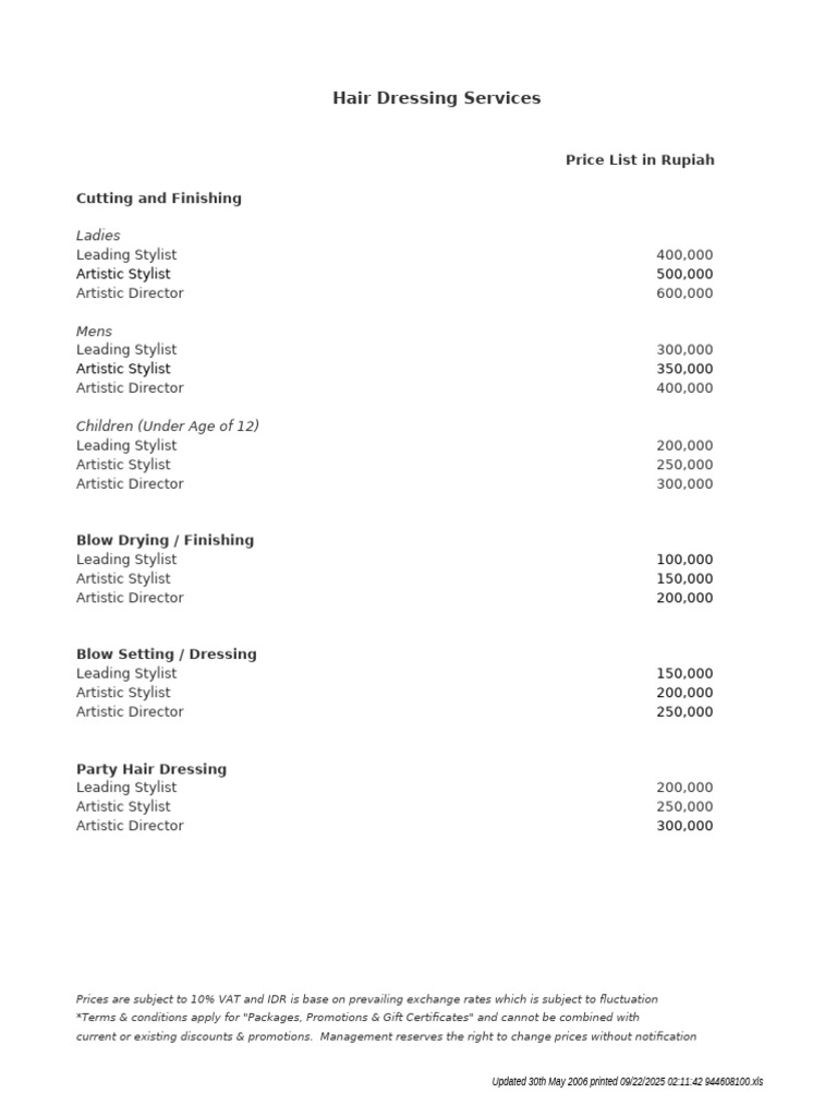 Services Price List - Draft June 06 | PDF | Indonesian Rupiah | Hair