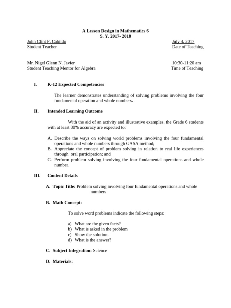 Grade 6 Math Lesson Plan: Problem Solving | PDF | Mathematics | Learning