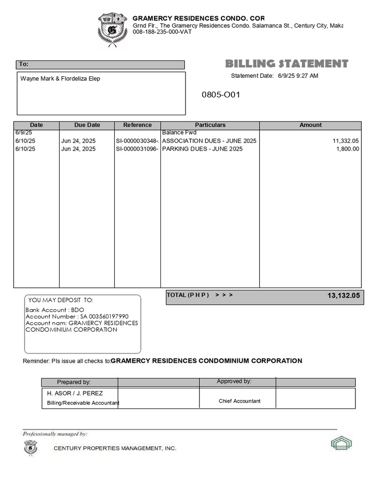 Billing Statement: Gramercy Residences Condo. Corp | PDF