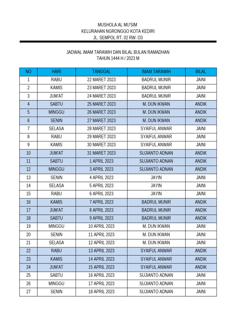 Jadwal Imam Sholat Tarawih Pdf