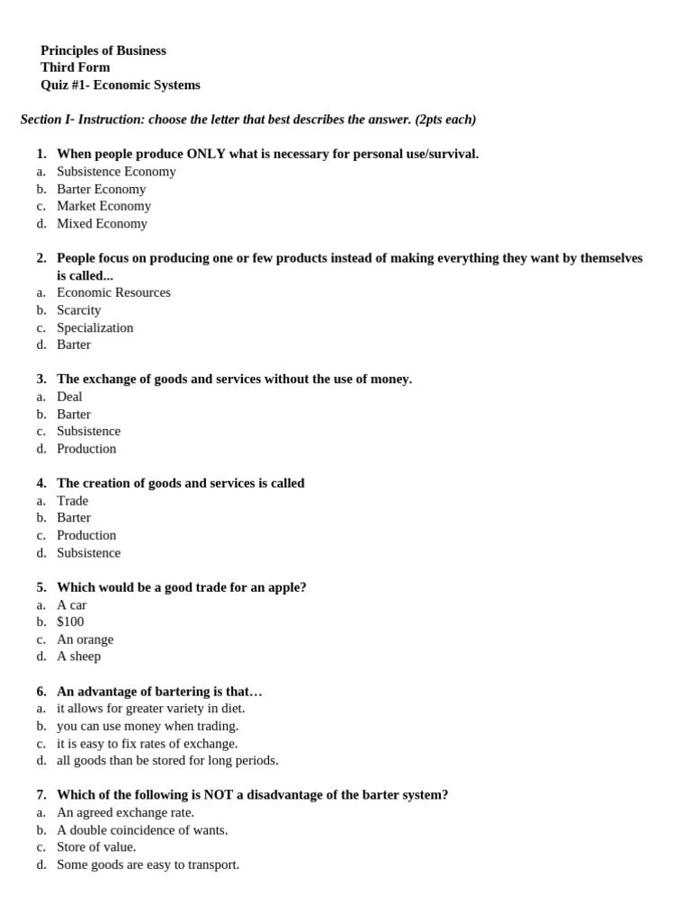 Quiz 1 - Economic Systems | PDF | Barter | Money