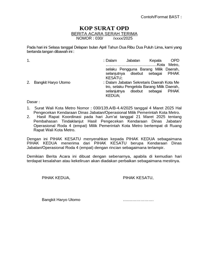 Format BAST Serah Terima Kendaraan Dinas | PDF