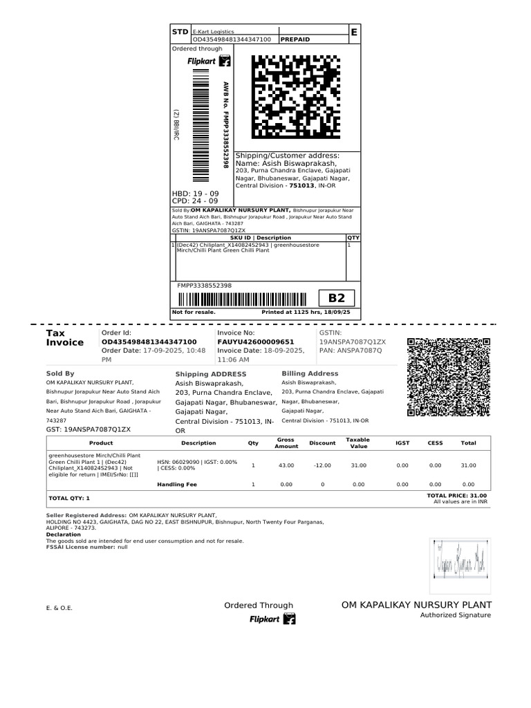 Invoice for Plants from OM Kapalikay Nursery | PDF | Invoice ...