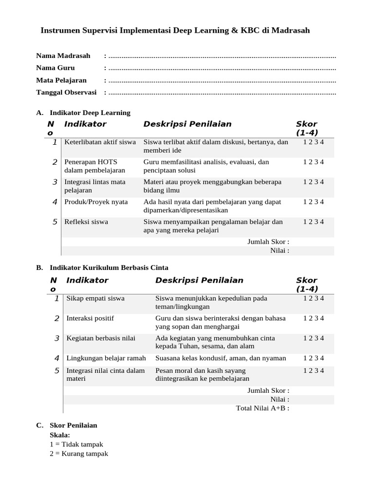 Instrumen Supervisi Deep Learning Madrasah | PDF