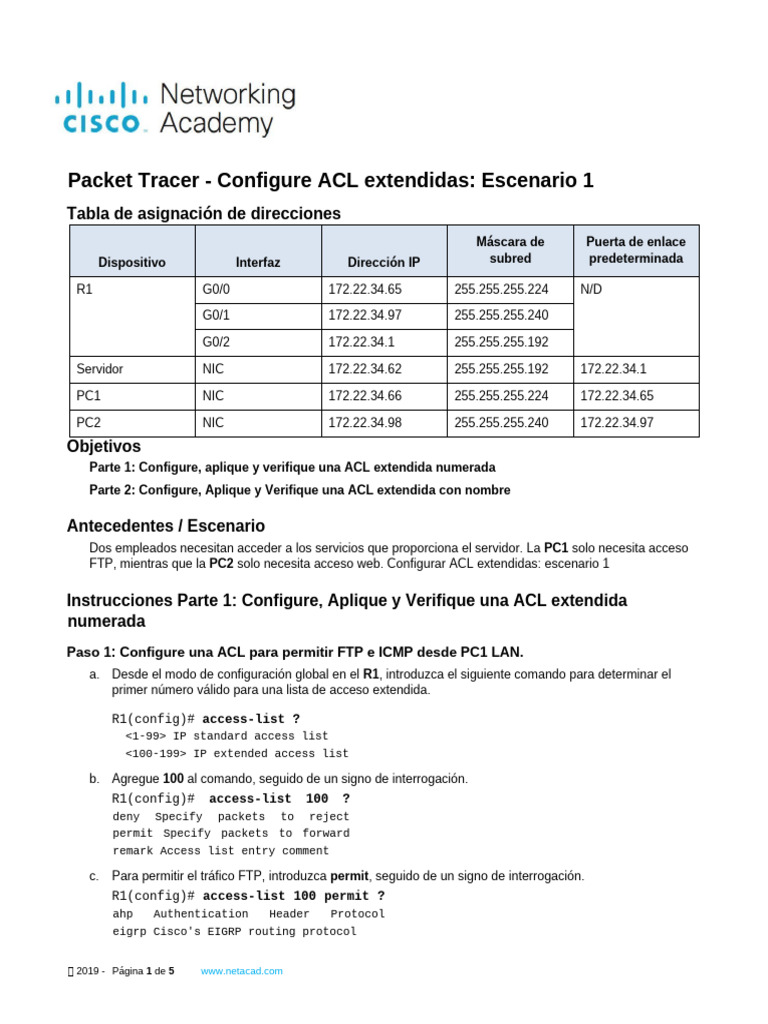 5.4.12 Packet Tracer Configure Extended Ipv4 Acls Scenario 1 Es XL ...