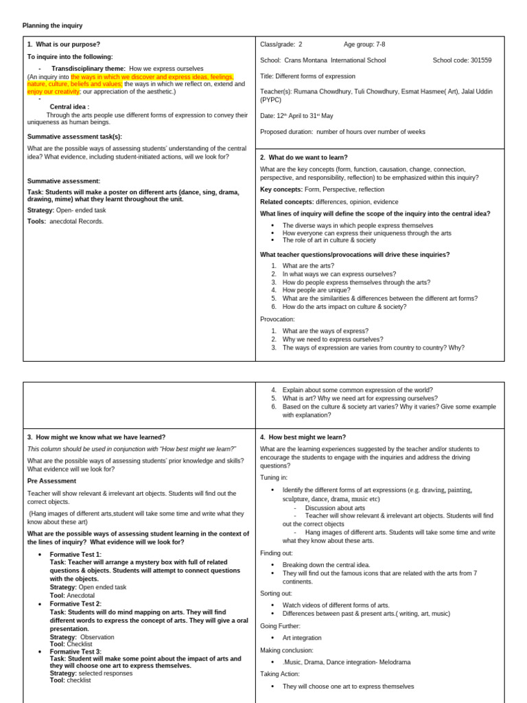 Inquiry into Artistic Expression | PDF | Learning | Teachers