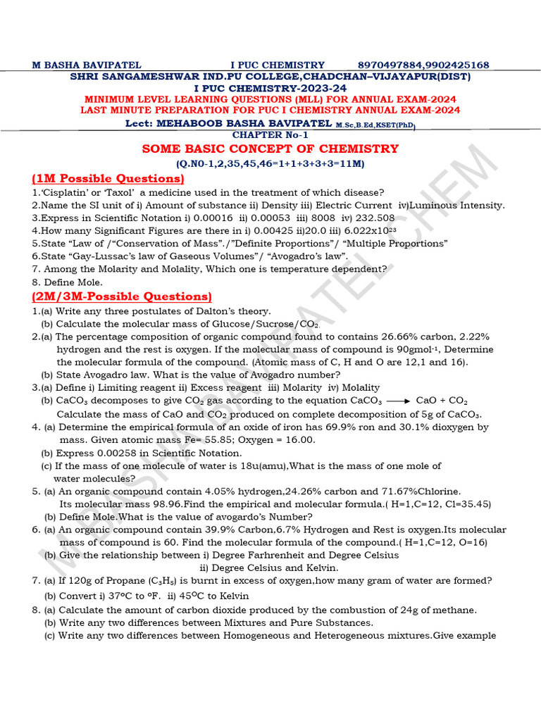 I PUC Chemistry MLL Questions 2024 | PDF | Chemical Bond | Periodic Table