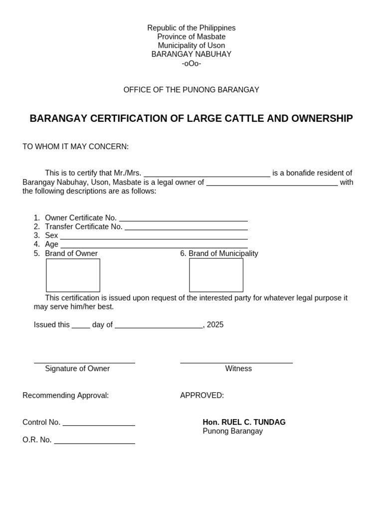 Barangay Cattle Ownership Certification | PDF