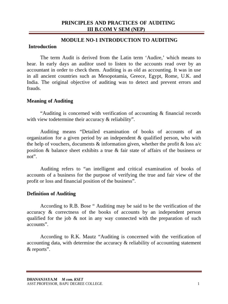 Principles and Practices of Auditing III Bcom V Sem PRINT | PDF | Audit ...