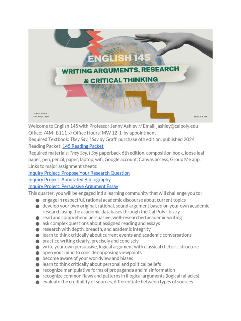 Spring English 145 2025 Ashley Syllabus | PDF | Fallacy | Plagiarism