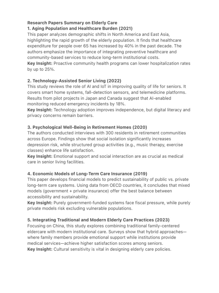 Elderly Care Research Papers Summary | PDF