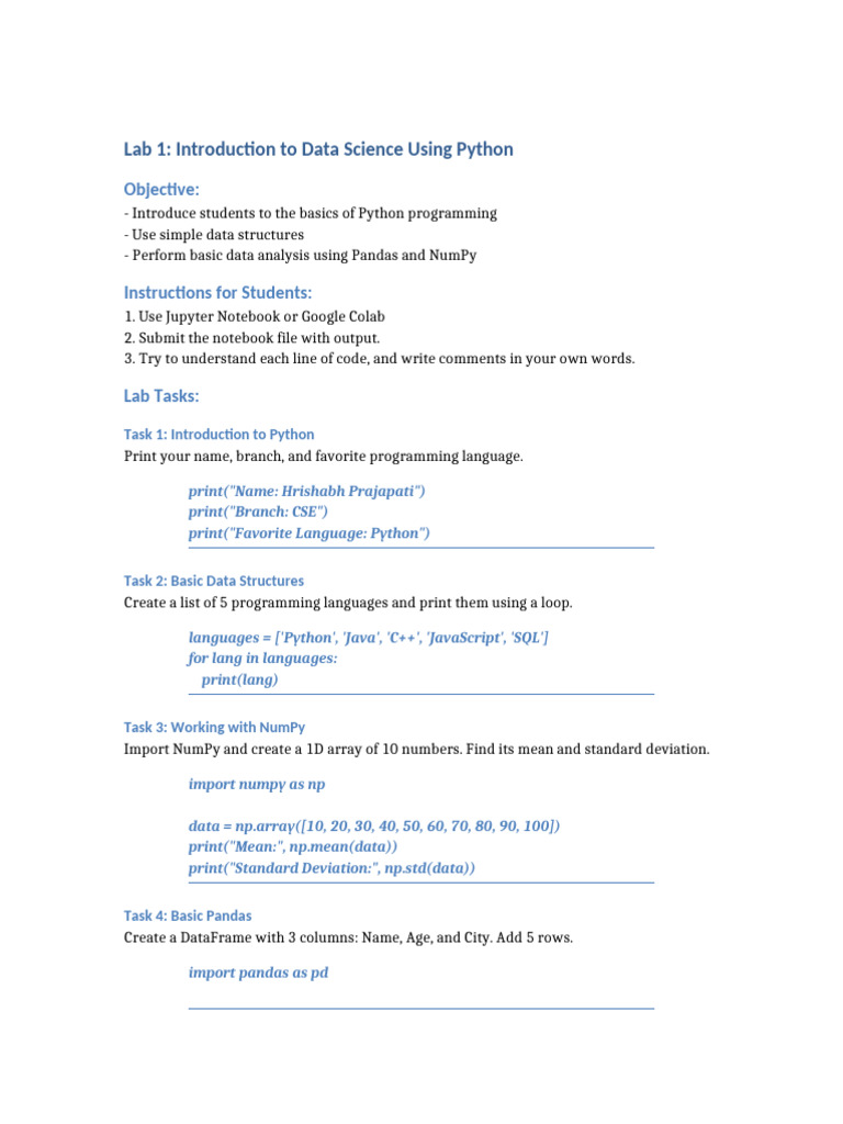 Data Science Lab: Python Basics | PDF